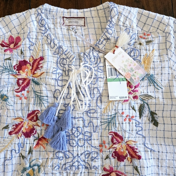 Johnny Was Workshop Miro Tassle Blue White Embroidered Blouse Sz Large MSRP $235 - Picture 8 of 10